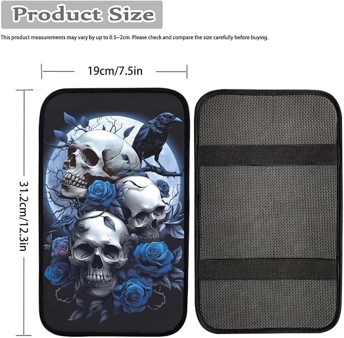 Dreaweet Goth Car Accessories for Women Interior Blue Rose and Skull Arm Rest Cover for Car Truck SUV Center Console Cushion Pad Anti Slip Comfort Padded Armrest Cover