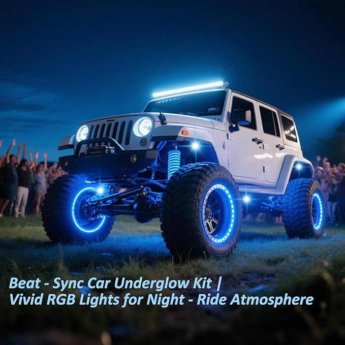 RGB LED Rock Lights Kit with APP/RF Remote Control Music Mode, Enhanced Underglow Lights Multi Zone Neon Underbody Light Multi Color 12V Waterproof for Trucks Jeep UTV ATV Golf Cart Offroad (4, p)