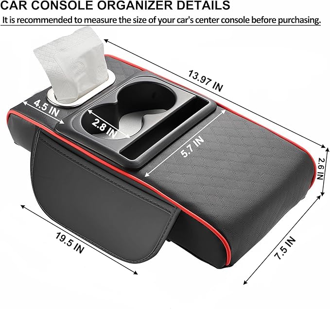 Center Console Cover,Car Armrest Cushion Multifunctional with 2 Storage Bags Cup Holder,Phone Slot,Tissue Box Slot for Most Cars Accessories Interior Organizers-Black 13.8x7.9 in