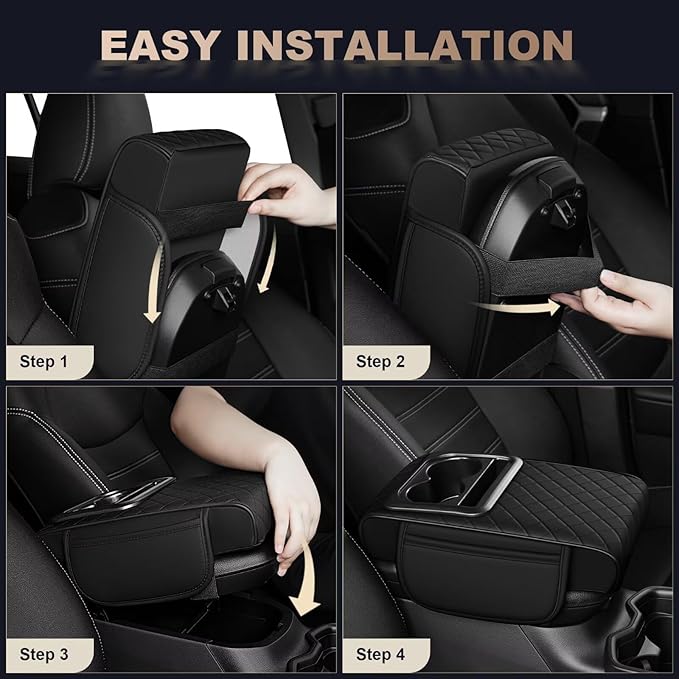 Center Console Cover Fit for Tacoma Faux Leather Car Armrest Cushion with Storage Bags, Cup Holder ＆ Phone Storage Multifunctional Middle Console Cover(Black)