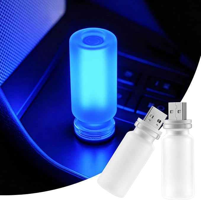 iFunyLED Car Interior USB LED Night Light, Portable Touch dimmable Car Ambient Lighting Kit, Retro Mini Frosted Glass Bottle Lamp Decorations for Vehicle Camping Bedroom Hallway, Pack of 2(Blue)