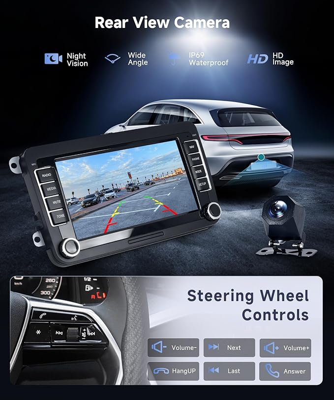 4G+64G Android Car Stereo for VW Golf MK5 MK6 Passat Jetta Tiguan T5 EOS Polo with Wireless CarPlay Android Auto, 7 Inch Touchscreen Car Radio GPS WiFi SWC Bluetooth 32EQ Backup Camera