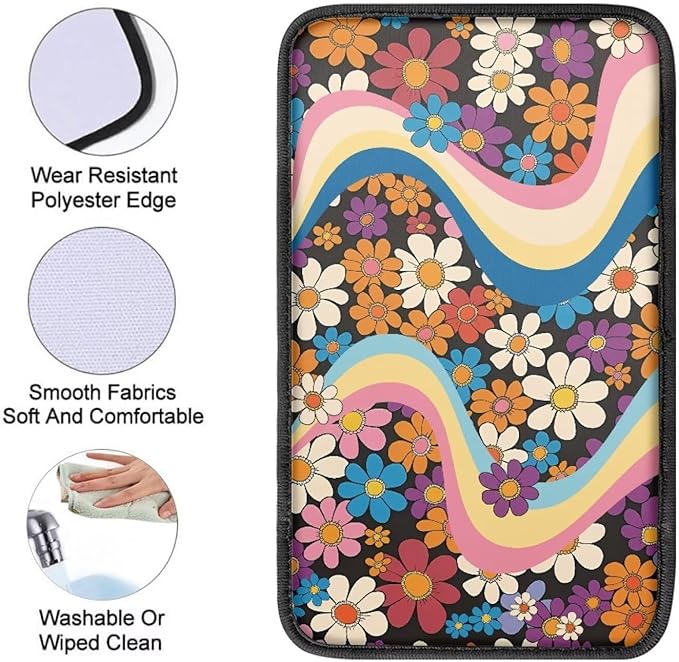 Hippie Floral 70s Car Center Console Cushion Pad Flower Hippy Armrest Box Protector Cover Universal Fit Dustproof Car Arm Rest Cover Auto Interior Decoration