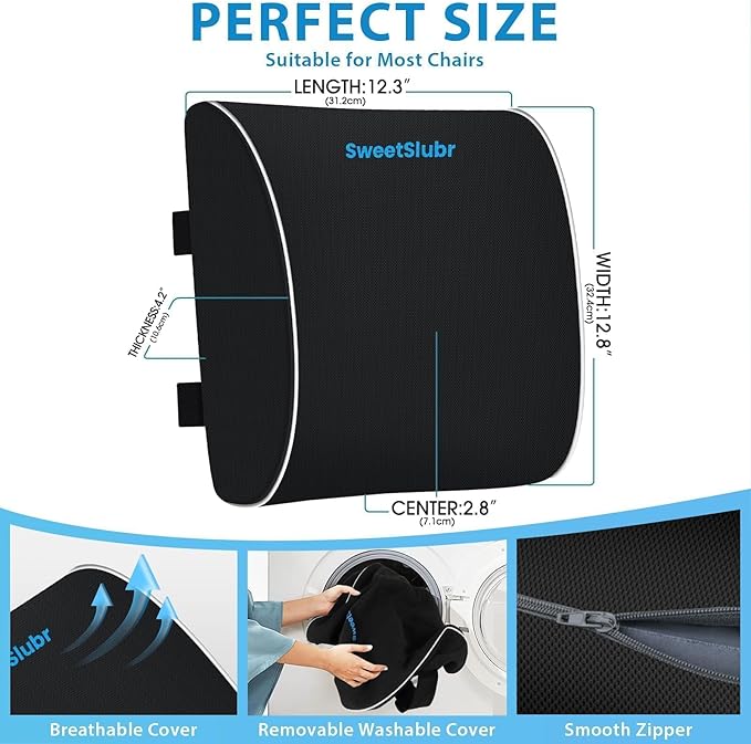Lumbar Support Pillow for Office Chair, Car & Gaming Chair, Ergonomic Memory Foam Cushion for Back Comfort, Zoned Back Support, Double Adjustable Straps, Breathable Washable Cover, Black