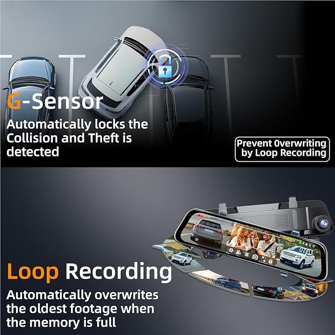L09 12" 4K Mirror Dash Cam and Backup Camera with Front and Rear Dual Cameras, Built-in GPS, Wi-Fi, Loop Recording, G-Sensor, WDR, and HDR Night Vision, Includes 128GB Memory Card
