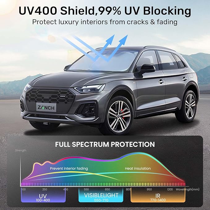 2025 Upgraded Zanch Car Front Windshield Sun Shade - Ultimate UV Protection & Heat Reductionlinnovative No-Light Leakage Technology|Foldable Design for SUV/Small Truck, Large(64" x 34")