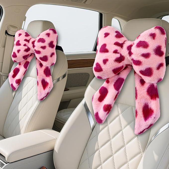2 Pack Bow Car Headrest Pillow Comfortable Soft Plush Head Rest Cushion, Neck Pillow for Driving Office Use and Car Interior Decoration (Pink Heart)