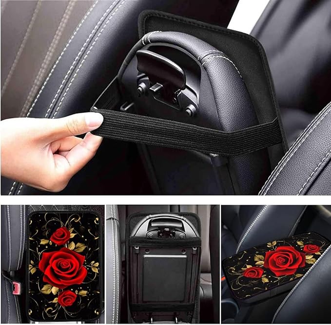 Red Rose 6pcs Car Steering Wheel Cover Set Flower Print Cup Coaster Handbrake Gear Cover Car Interior Accessories Fit Vans Trucks,SUV