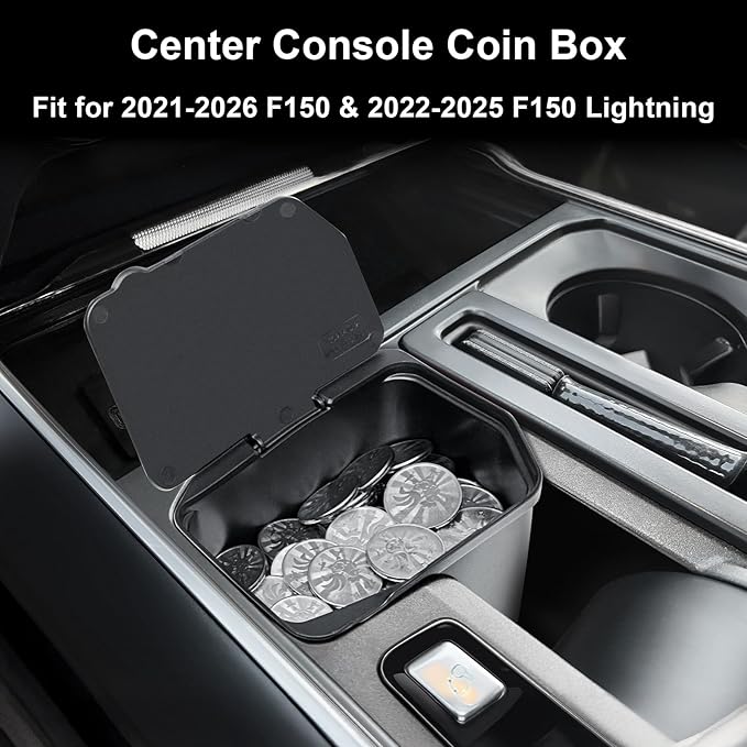 Center Console Coin Box Organizer Compatible with Ford F150 2021-2026 & F150 Lightning 2022-2026 Interior Accessories Coin Holder Secondary Storage Box ABS Plastic
