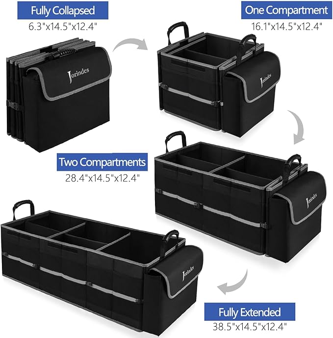 Collapsible Trunk Organizer for Car with Insulated Leak proof Cooler Bag, 3 Compartments SUV Cargo Organizer Removable Dividers, 5 in1 Car Storage Organizer with Foldable Lid,2 Tie-Down Straps(Black)