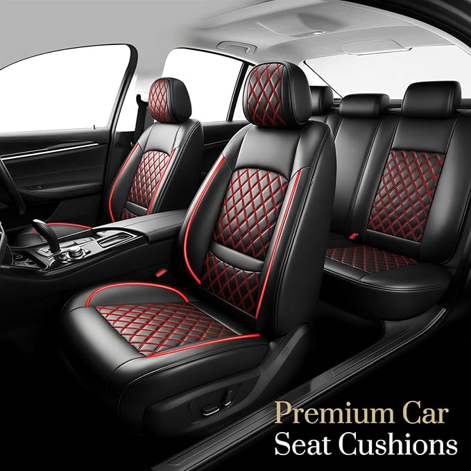 Santa Fe Seat Covers Custom Fit for Hyundai Santa Fe 2010-2026 (Only 5-Seat Version) - Full Set Premium Leather, Waterproof, All-Weather, Airbag Compatible, Only 2 Front seat Covers (Redline)