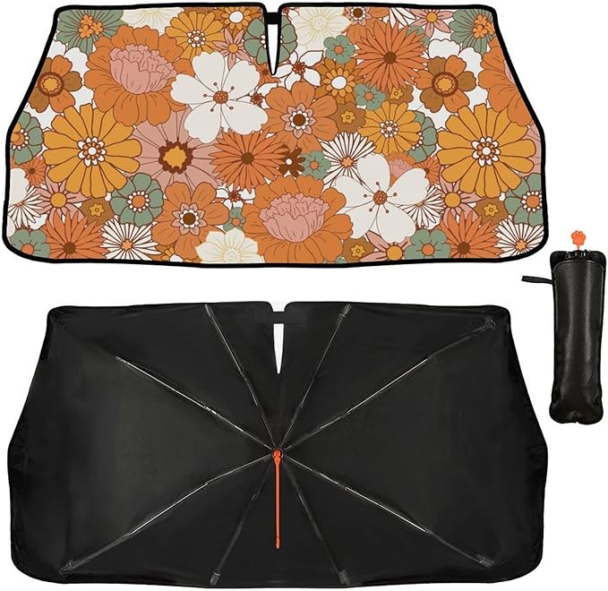 CHILL·TEK Funny Car Windshield Sun Shade Umbrella, 70s 80s Flowers Car Sun Shade Umbrella, Block UV Rays Heat Foldable Windshield Umbrella Sun Visor Protector - Keep Vehicle Cool for Cars SUV
