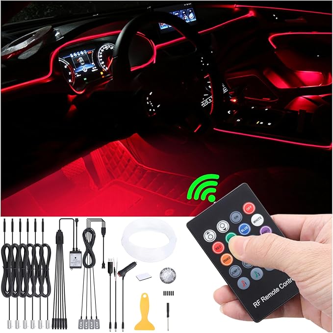 Car Ambient Lighting Kit 64 Colors Multicoloured Music Optic Fiber RF Remote Control Car DIY Decorative Atmosphere Lighting DC 12V 1W 8m