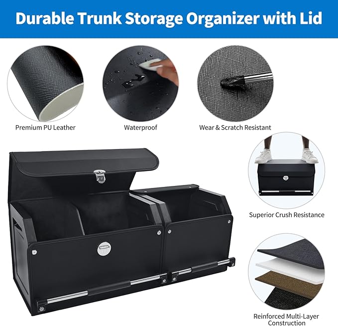 SUV Trunk Organizers and Storage, Leather Car Trunk Storage Organizer with Lid & Push-pull Handle, Combination of SUV Cargo Organizer, Waterproof Car Storage Box for Sedan Van Minivans