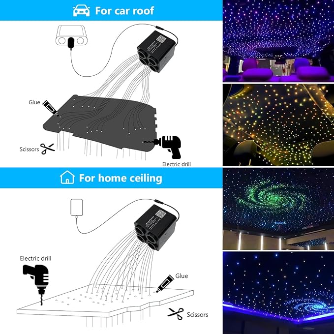 AKEPO 36W 4 Color Twinkle Fiber Optic Starlights Headliner Lights Kit, Optical Fibers Music Sync Bluetooth APP Control Starlight Kit, 800pcs*9.8ft