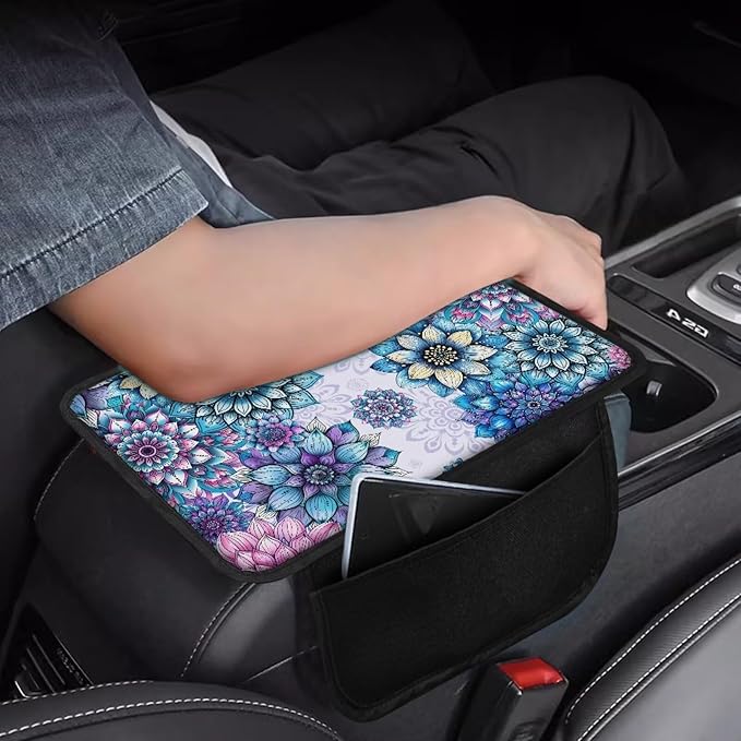 Vibrant Boho Mandala Floral Pattern Car Armrest Cover Soft Vehicle Box Cover Protector Scratch-Resistant Auto Center Console Pad Universal Fit for Most Cars Sedan Truck SUV
