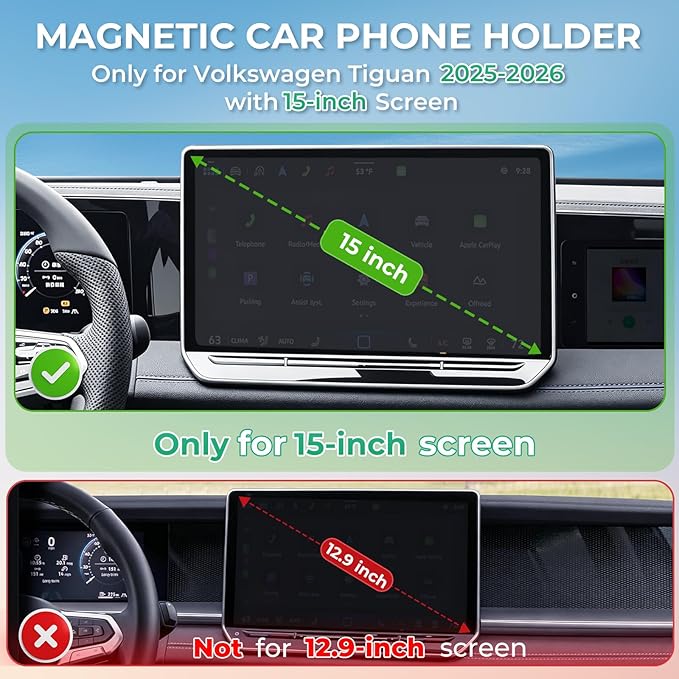 Car Phone Holder for Volkswagen VW Tiguan 2026 2025 (Only for 15-Inch Screen, Not for 12.9-Inch) 360° Rotation Magnetic Cell Phone Mount, Compatible with Magsafe, Does Not Affect Air Vent