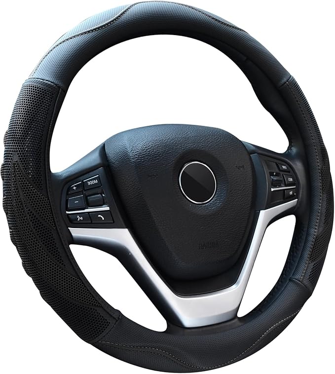 Alusbell Microfiber Leather Steering Wheel Cover Breathable Auto Car Steering Wheel Cover for Men Large-Size with 15 1/2 inches-16 inches Outer Diameter Black