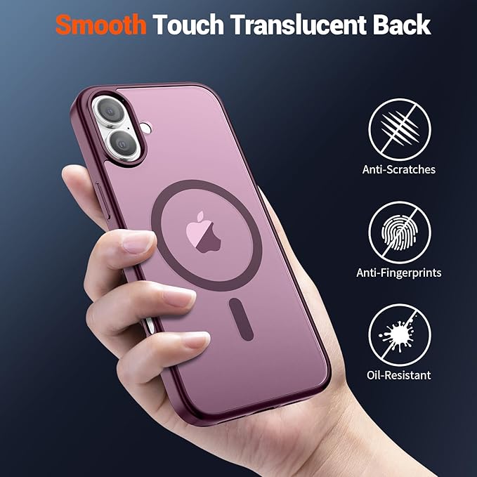 SUPFINE Magnetic for iPhone 16 Case (Compatible with MagSafe) (Military Grade Drop Protection) Slim Translucent Matte Shockproof with Anti-Fingerprint Phone Case,Wine Red