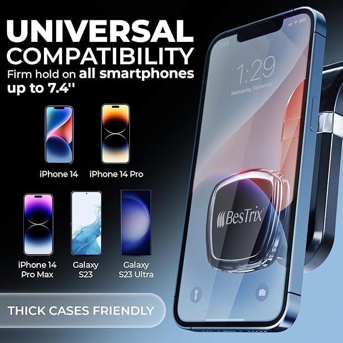 BESTRIX Phone Holder for Car, Magnetic Car Phone Mount | Dashboard Car Phone Holder Compatible with iPhone 15, 14,13,12,11Pro,Xr,XS Pro MAX Galaxy S24 23 22 21 20 Ultra Note S8 S9 S10 & All Smartphone