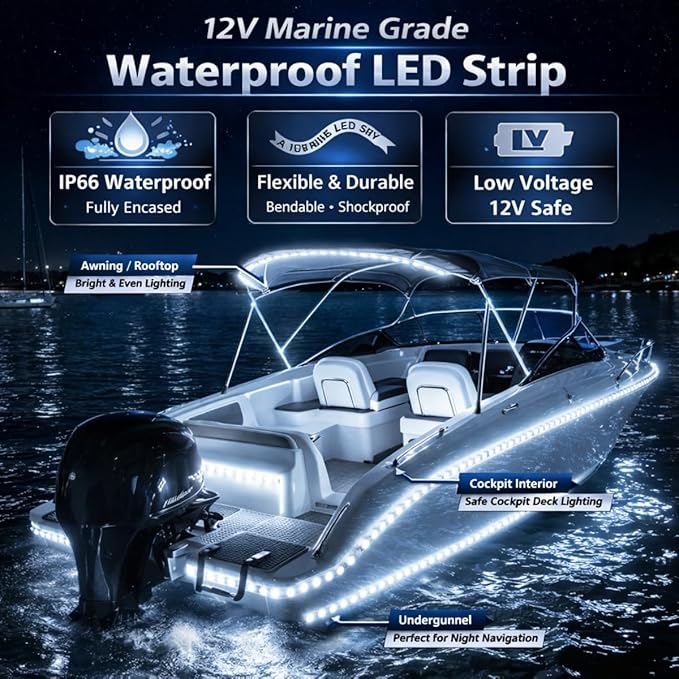 12V Marine Boat LED Light Strip Super Bright, 2 Pack 6.56FT IP68 Fully Waterproof RV Front Cap Lights, Golf Cart Underglow Roof Lights Strip for Truck ATV UTV SUV Car Pickup Trailer, Cuttable, White