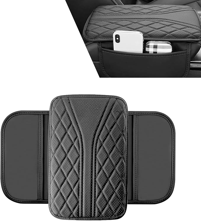 Car Center Console Pad, Leather Car Armrest Box Pad Cover, Vehicle Armrest Protector Cushion with 2 Storage Bags, Universal Arm Rest Pad for Car Interior Accessories Protect (Black)