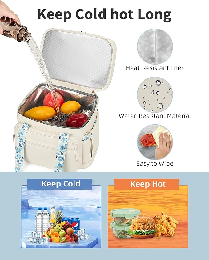 HSHRISH Lunch Box for Women, Double Deck Expandable Insulated Large Lunch Bag Women Leakproof Lightweight Lunch Cooler Bag Durable Lunchbox for Work Outdoor Travel, Beige