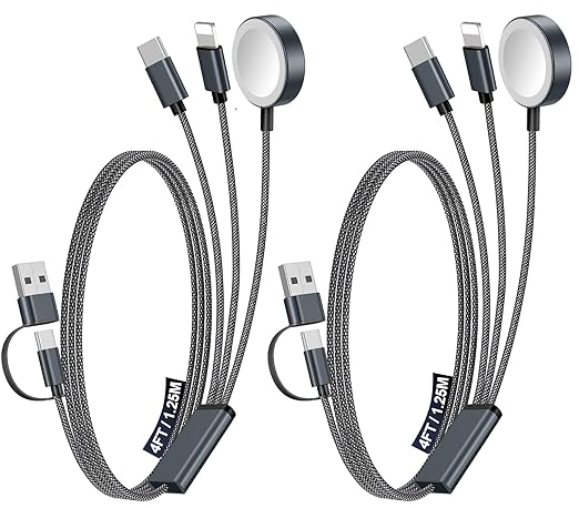2Pack Multi Charging Cable Cord for Travel Essentials,Apple Watch Charger,iPhone Charger,[3-in-2] Type C/L Cable Portable Designed for iWatch,iPhone 17-8,Galaxy S25-21,AirPods,iPad-4FT Black