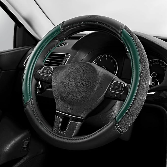 Skechers Air-Cooled Steering Wheel Cover,Leather Car Steering Wheel Cover Universal Fit 14" 1/2-15" Car Wheel Protector for Men Women Fit Suvs,Vans,Sedans,Car,Trucks,Green