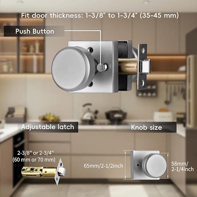 Brushed Nickel Door Knobs with Square Rosette, Interior Door Handles for Bath & Bed, Heavy Duty Door Knob with Lock