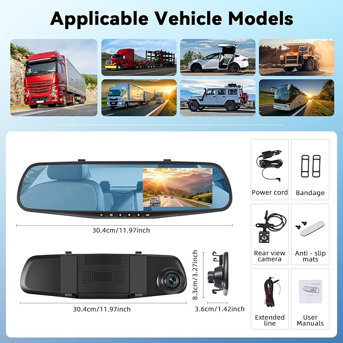 Mirror Dash Cam 4.5 Inch Rear View Mirror Camera 1080P Front and 480P Rear View Dual Cameras with 32G Card, Motion Detection, Night Vision, Parking Assistance, Loop Recording，Exposure Adjustment