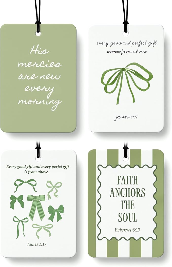 Green Coquette Bow Christian Cologne Car Air Freshener 4 Pcs, Preppy Green Ribbon Religious Hanging Air Freshener for Cars Bathroom Dorm Books Decor, Christian Accessories Gifts for Women Girls