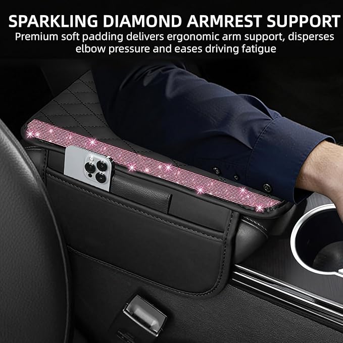 NBTEPEM Bling Car Center Console Cover, Leather Car Arm Rest Cover Cushion with 2 Storage Bags, Universal Automotive Armrest Protector Storage Box, Bling Accessories Interior for Most Vehicles (Pink)