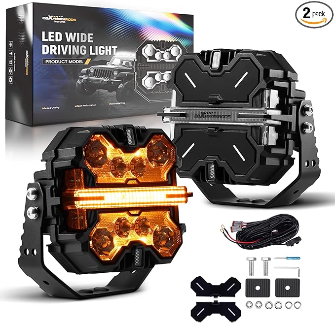 maXpeedingrods 7 inch LED Off Road Lights 332W, 7 RGB Colors LED Light Bar, Auxiliary Driving Pod Lights, w/ 270°Side Shooter and Black Covers Spot Light for Jeep SUV Pickup ATV