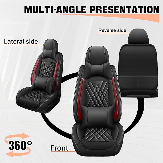 Car Seat Covers Compatible with Toyota Camry 2012-2026 Durable Waterproof Automotive Seat Covers Stretchable, Airbag Compatibility, Premium Nappa Leather(Black Red, 2 Pcs Front with Pillow)
