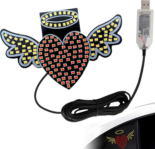 Car LED Heart Ambient Light Angel Devil Patterns,Rear & Side Window Decor,12 Lighting Modes USB Powered,Romantic Gift for Car Owners (Red Yellow Angel)