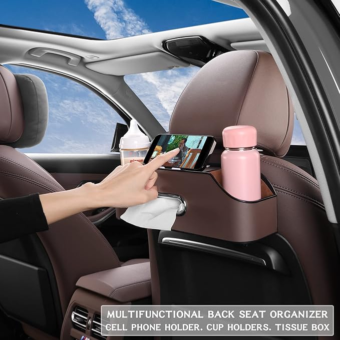 HOLDCY Car Back Seat Organizer with 2 Drink Cup Holder - Tissue Box and Storage Box Hook - Multi-functional Storage - Great for Kids and Travel (Brown)