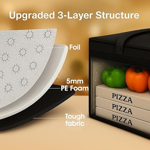 Bodaon Insulated Food Delivery Bag with Included Baseboard, Heavy-Duty Thermal XXXL Cold/Hot Lunch Warmer for Delivery Drivers, Reusable Grocery Carrier for Pizza, Drinks, Camping, Commercial, Black