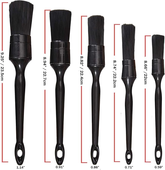 Car Detailing Brush Set, 5 Pack Auto Black Detail Brushes, Comfortable Grip and Scratch-Free Cleaning Brush for Car Interior or Exterior, Wheels, Tires, Engine Bay, Leather Seats, Door Panels, Emblems