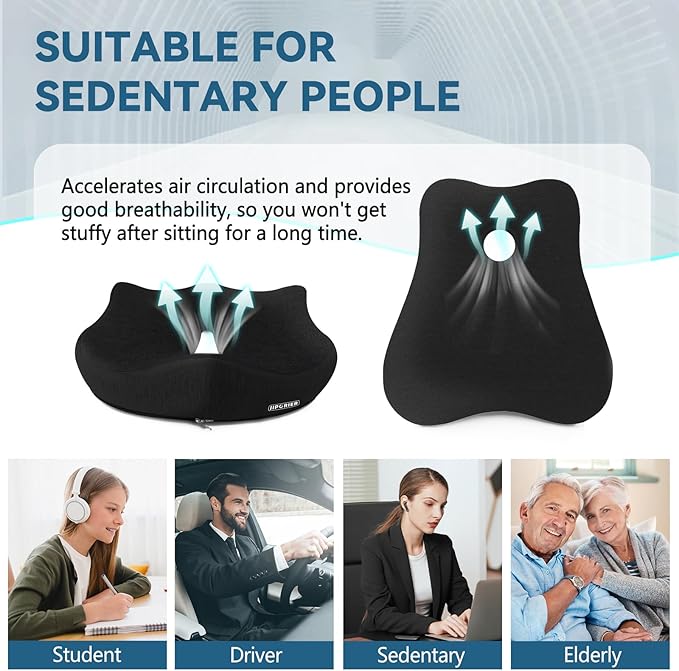 Seat Cushion & Lumbar Support Pillow Set,Memory Foam Office Chair Cushion for Tailbone Pain, Non-Slip Back Support for Car,Desk,Gaming Chair,Wheelchair, Breathable & Machine Washable