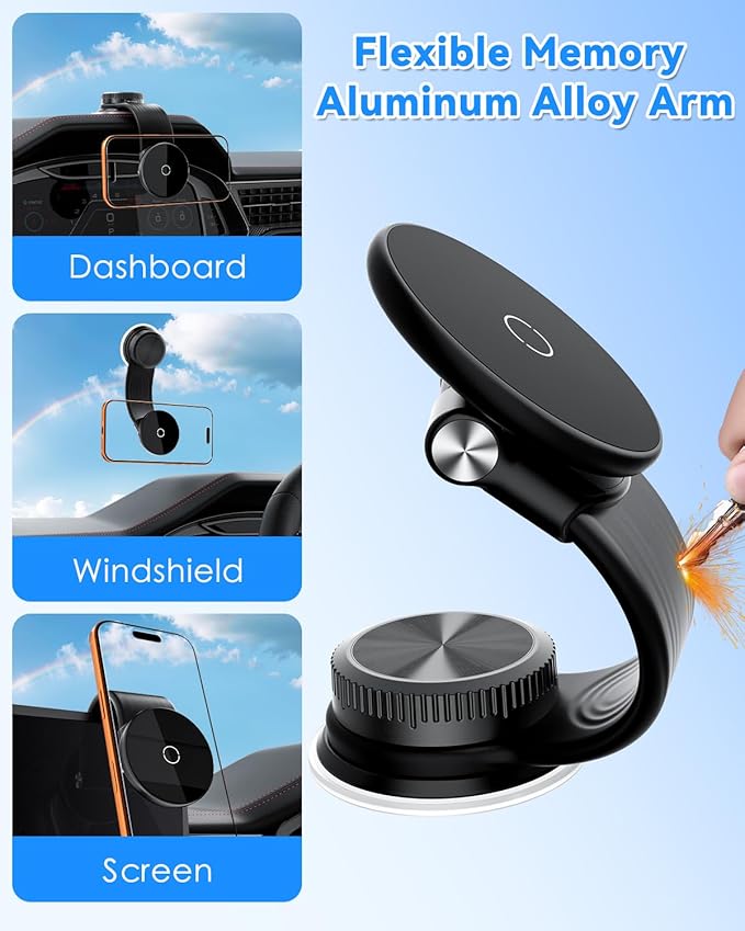 CloudValley for MagSafe Car Mount Detachable, 360° Adjustable Memory Alloy Arm Bendable Car Mount, Phone Holders for Car Dash Compatible with iPhone 17/16/15/14/13/12 & All Smartphones