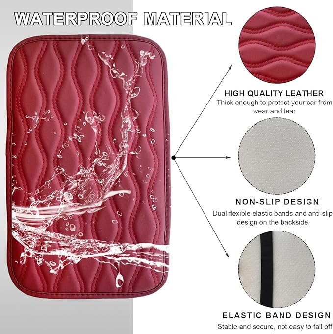 Car Center Console Cushion Pad, 12.48×7.40 Inches Waterproof Car Armrest Seat Box Cover, Comfortable PU Leather Vehicle Armrest Cover Protector, Car Decor Interior Accessories (Wine Red)