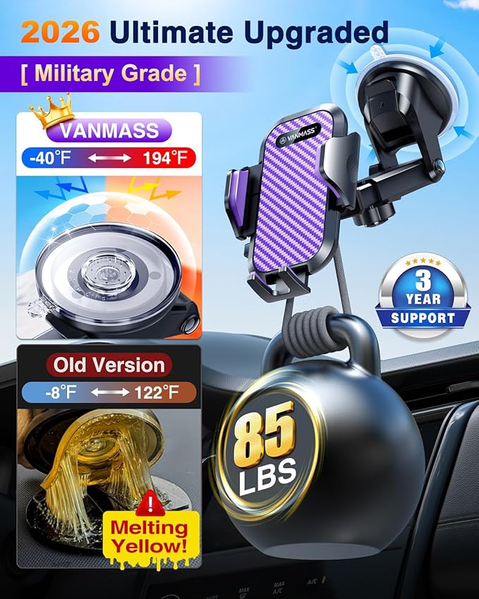 VANMASS Phone Holders for Your Car 2026 Ultimate Phone Mount Military-Grade Windshield Dashboard Vent【Newest Best Strongest】 Cell Phone Car Mount for iPhone 16 Pro Max 15 Samsung Android,Purple