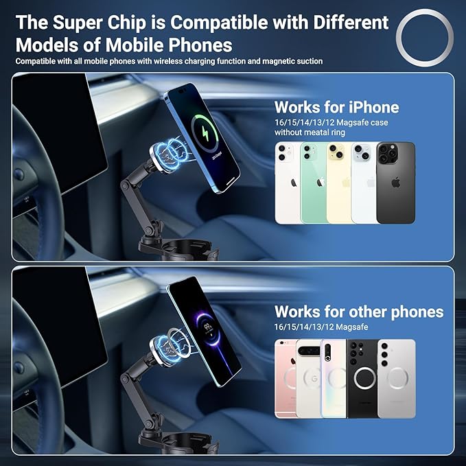 This Hill for Magnetic Cup Holder Charger, 360° Rotating Wireless Magnetic Car Charger, Fast Charging Phone Holder for iPhone 17 16 15 14 13 12 and Samsung Galaxy S20 Above Series [With QC 3.0 Adapter