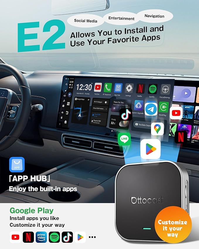 OTTOCAST 2025 Wireless CarPlay & Android Auto Adapter,Android 13 Magic CarPlay Box for Netflix/YouTube/TikTok +,FOTA Update,Split Screen,Plug & Play,Auto Bluetooth Connection,App Download,E2