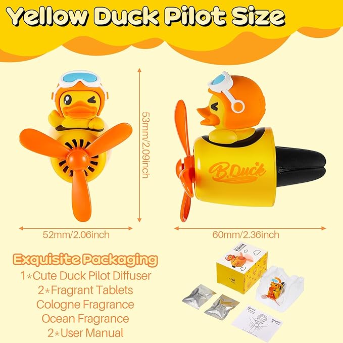 Tallew Car Air Freshener Cute Duck Car Vent Clip Diffuser with Rotating Propeller Outlet Vent 2.5" x 2.4" x 2.1" Easy to Install Included 2 Scents Aroma Tablets Aromatherapy Ornament Auto Accessories