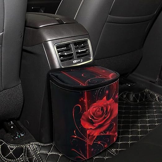 Red Rose Car Trash Can Auto Garbage Bag with Lid Leak-Proof Car Storage Bag Garbage Bag Hanging for Headrest Portable Vehicle Backseat Organizer