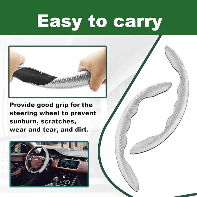 2pcs Carbon Fiber Anti-Skid Steering Wheel Cover, Anti-Skid Steering Wheel Cover/Segmented Steering Wheel Protector/Car Interior Accessories for Men/Women - Durable(White)
