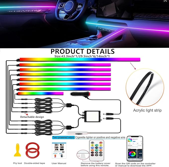Interior Car LED Strip Lights, Acrylic LED Lights RGB Dreamcolor 8 in 1 with 235 inches 800 LEDs Fiber Optic Ambient Lighting Kits,APP and Remote Control 16 Million Colors Car Neon Lights