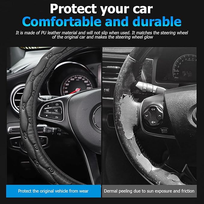 Car Steering Wheel Cover, PU Leather Non-Slip Lantern Pattern Vehicle Steering Wheel Cover Protection, Breathable Automotive Interior Protecter Accessories, Universal Fit (Black)